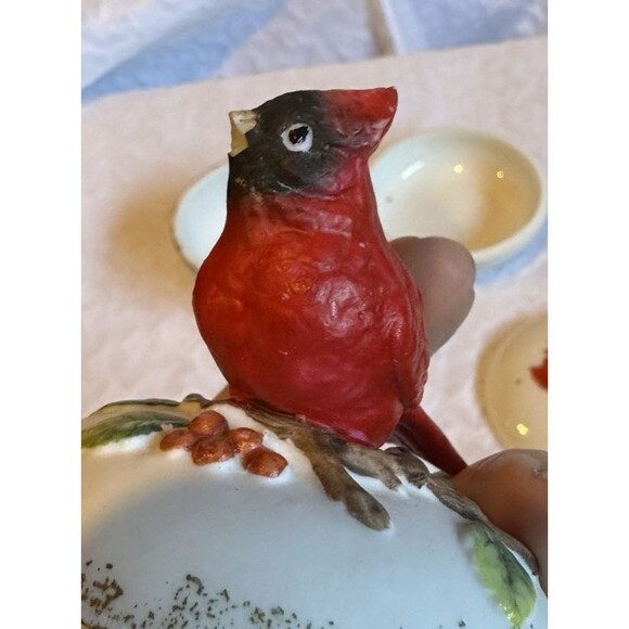 Cardinal red bird figure and poinsettia jewelry box bowls small cute knick knack - Picture 8 of 16